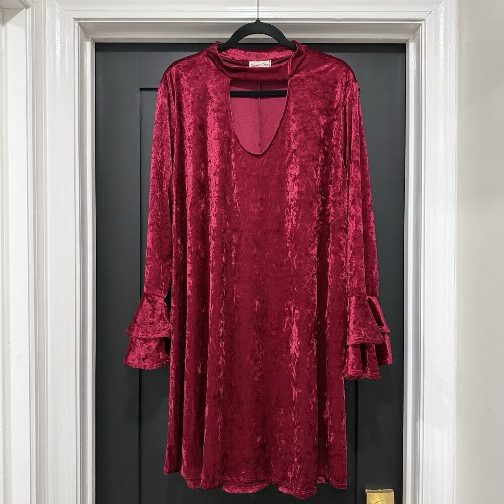 Sweet Pea Red Velvet Velour Bell Sleeve Tunic Top Sz 3XL Whimisgoth Victorian